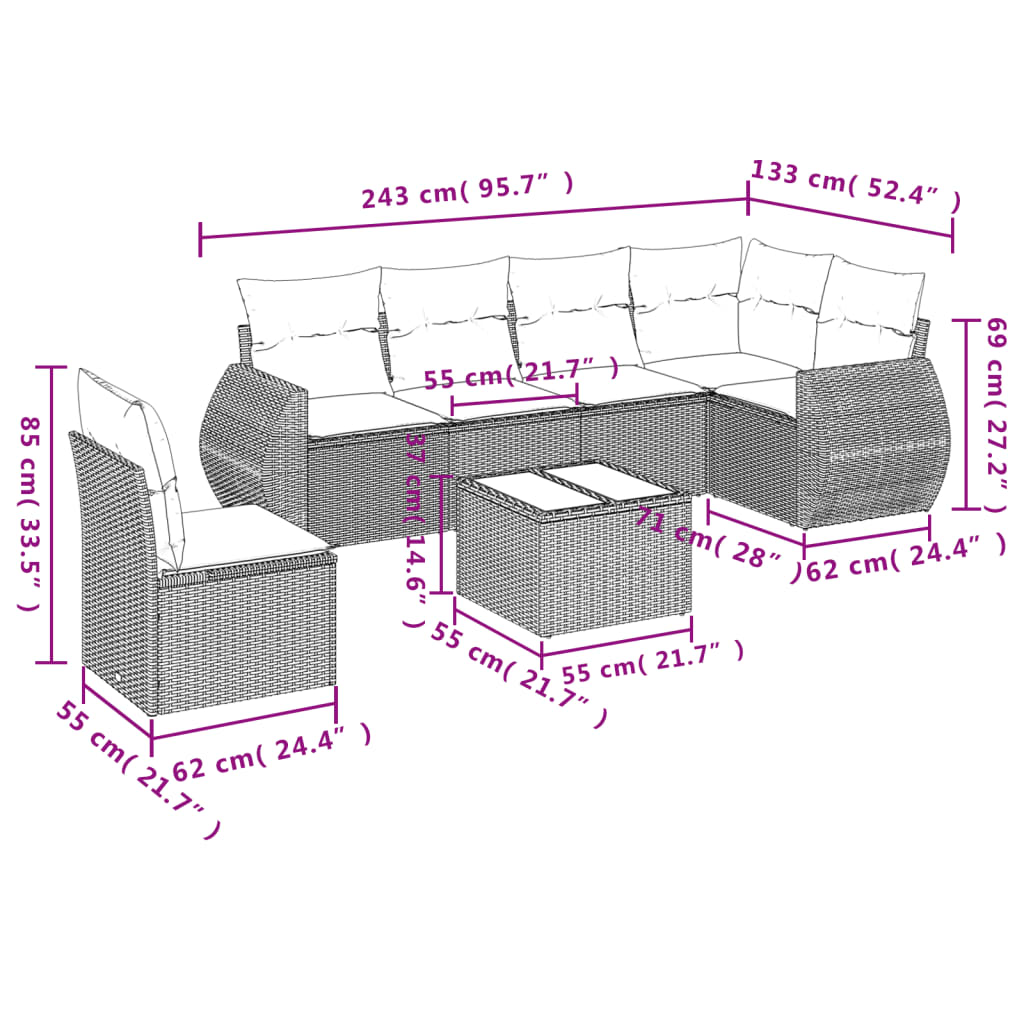 7-teiliges Gartensofa-Set mit Kissen, schwarzes Polyrattan