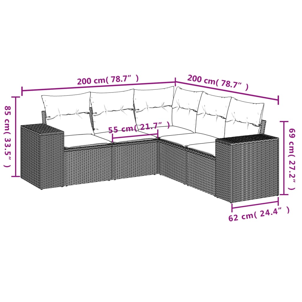 5-teiliges Gartensofa-Set mit Kissen, schwarzes Polyrattan
