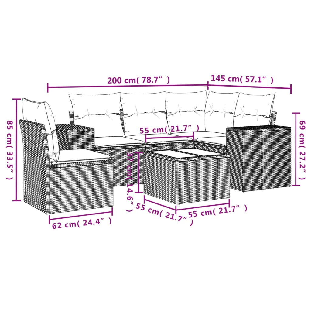 6-teiliges Gartensofa-Set mit Kissen, schwarzes Polyrattan