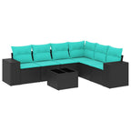 7-teiliges Gartensofa-Set mit Kissen, schwarzes Polyrattan