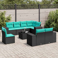 9-teiliges Gartensofa-Set mit Kissen, schwarzes Polyrattan