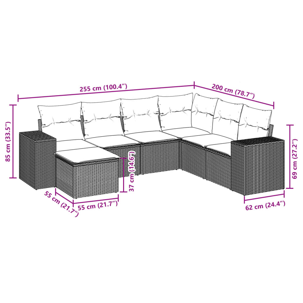 7-tlg. Garten-Sofagarnitur mit Kissen Braun Poly Rattan