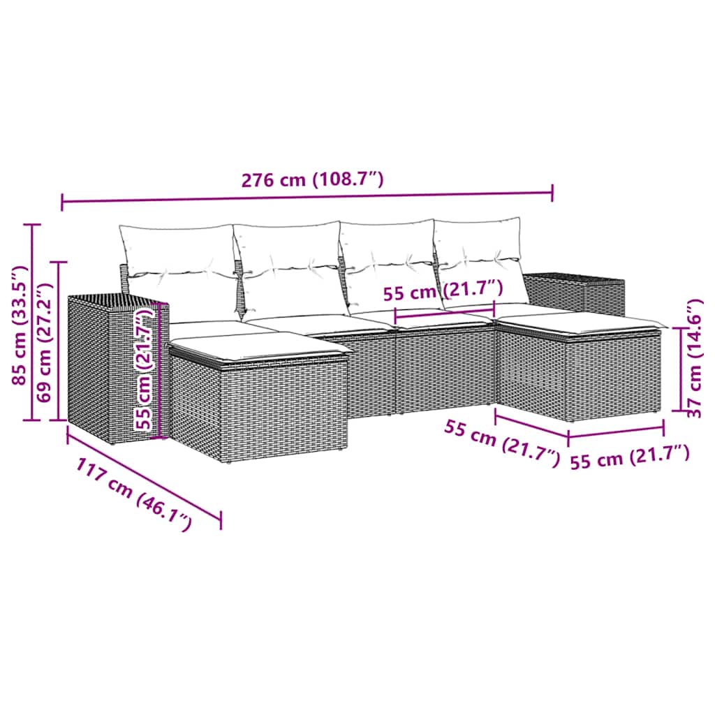 6-tlg. Garten-Sofagarnitur mit Kissen Braun Poly Rattan