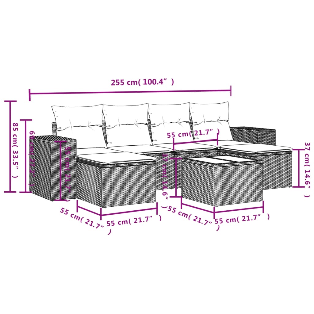 7-teiliges Gartensofa-Set mit Kissen, grau, Polyrattan