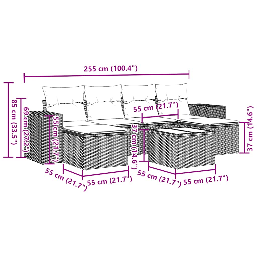 7-tlg. Garten-Sofagarnitur mit Kissen Hellgrau Poly Rattan