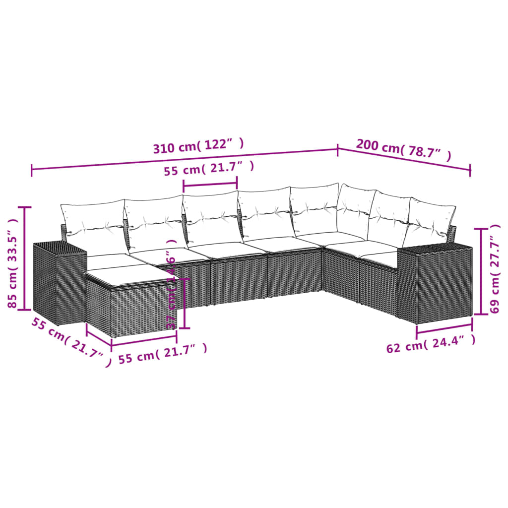 8-teiliges Gartensofa-Set mit Kissen, braun, Polyrattan