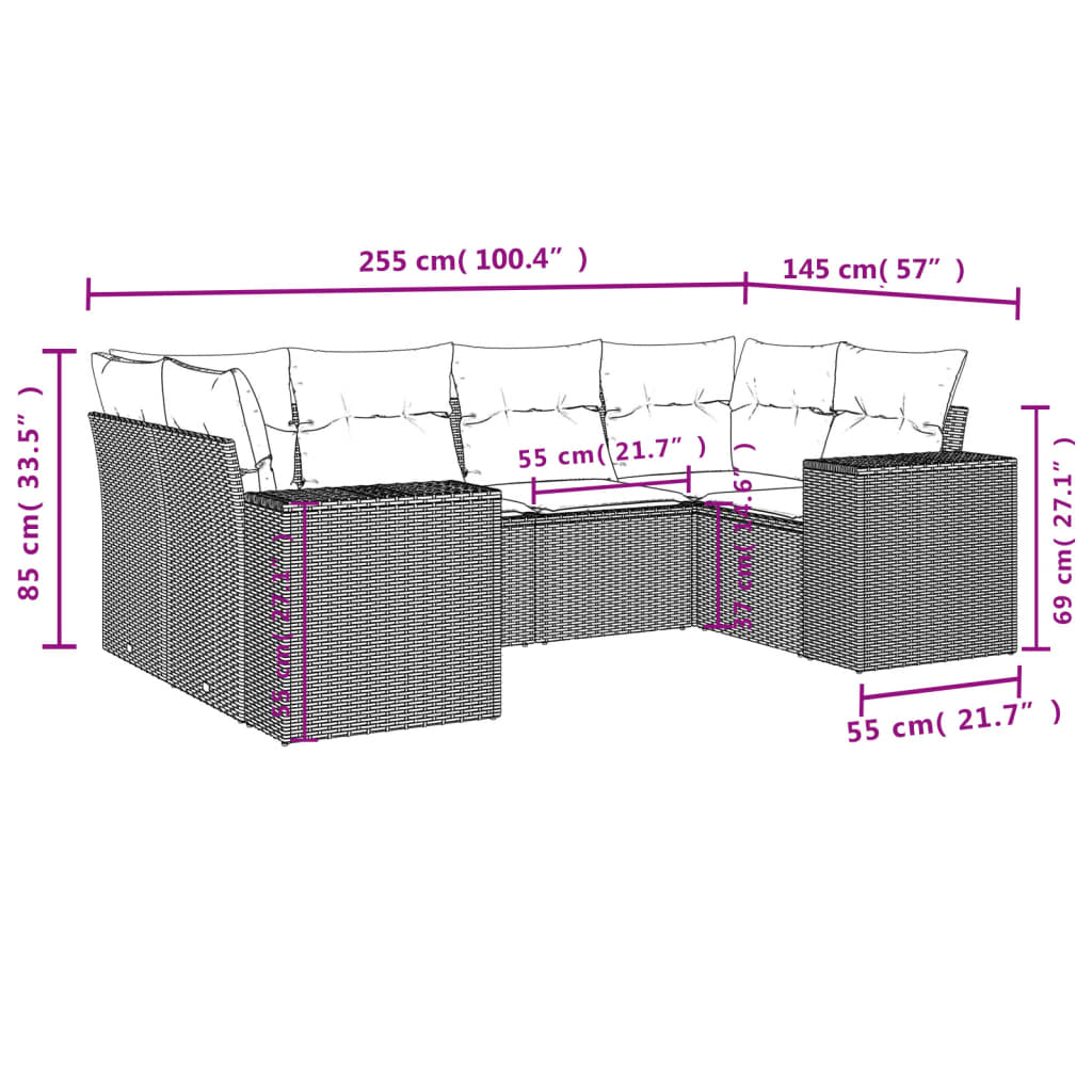 6-teiliges Gartensofa-Set mit Kissen, grau, Polyrattan
