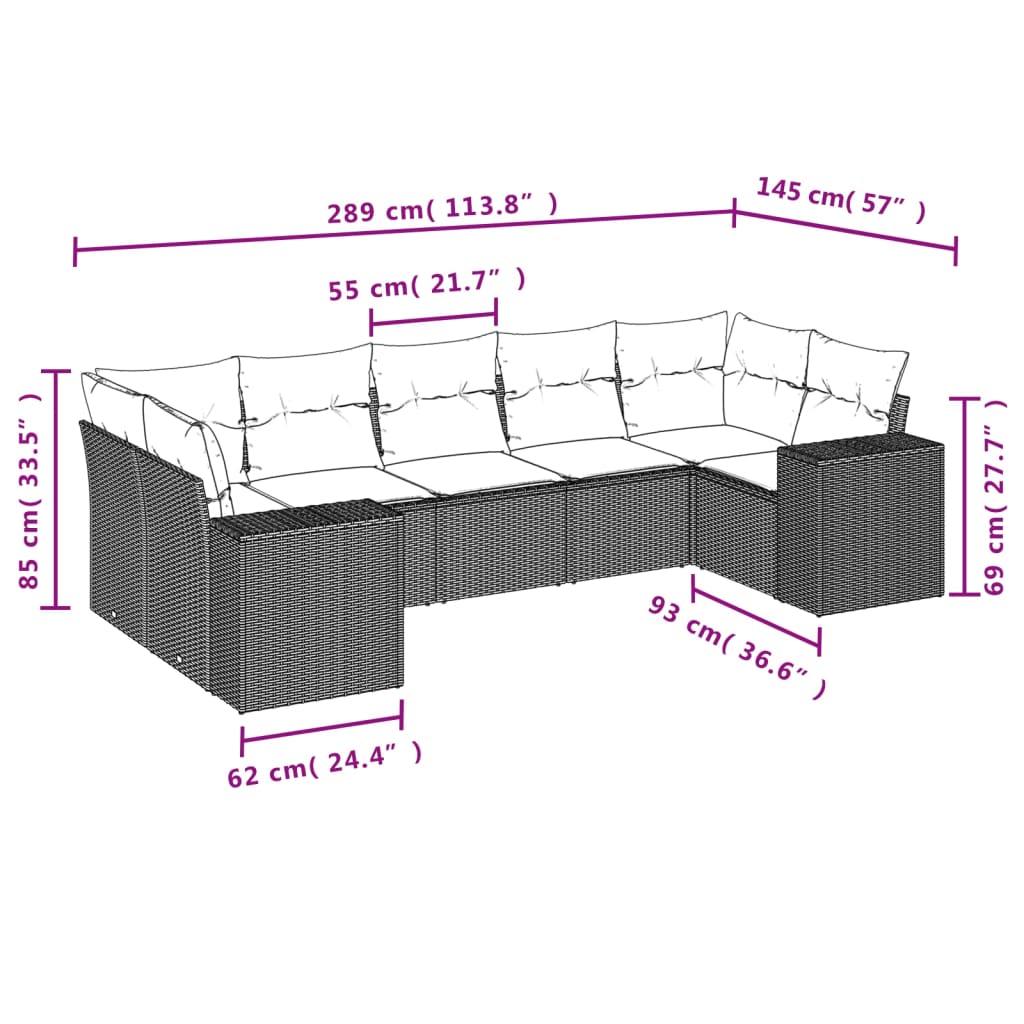 7-teiliges Gartensofa-Set mit Kissen, braun, Polyrattan