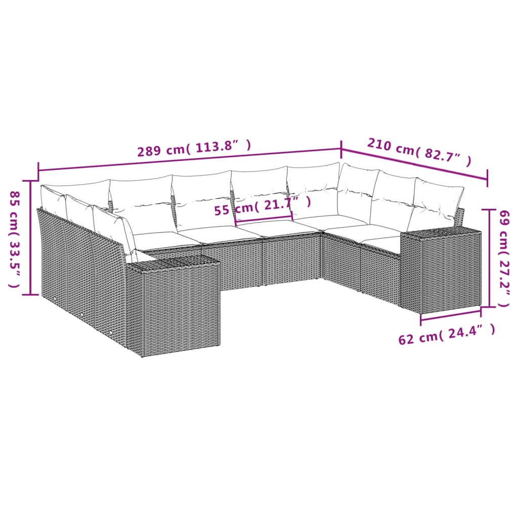 9-tlg. Garten-Sofagarnitur mit Kissen Grau Poly Rattan