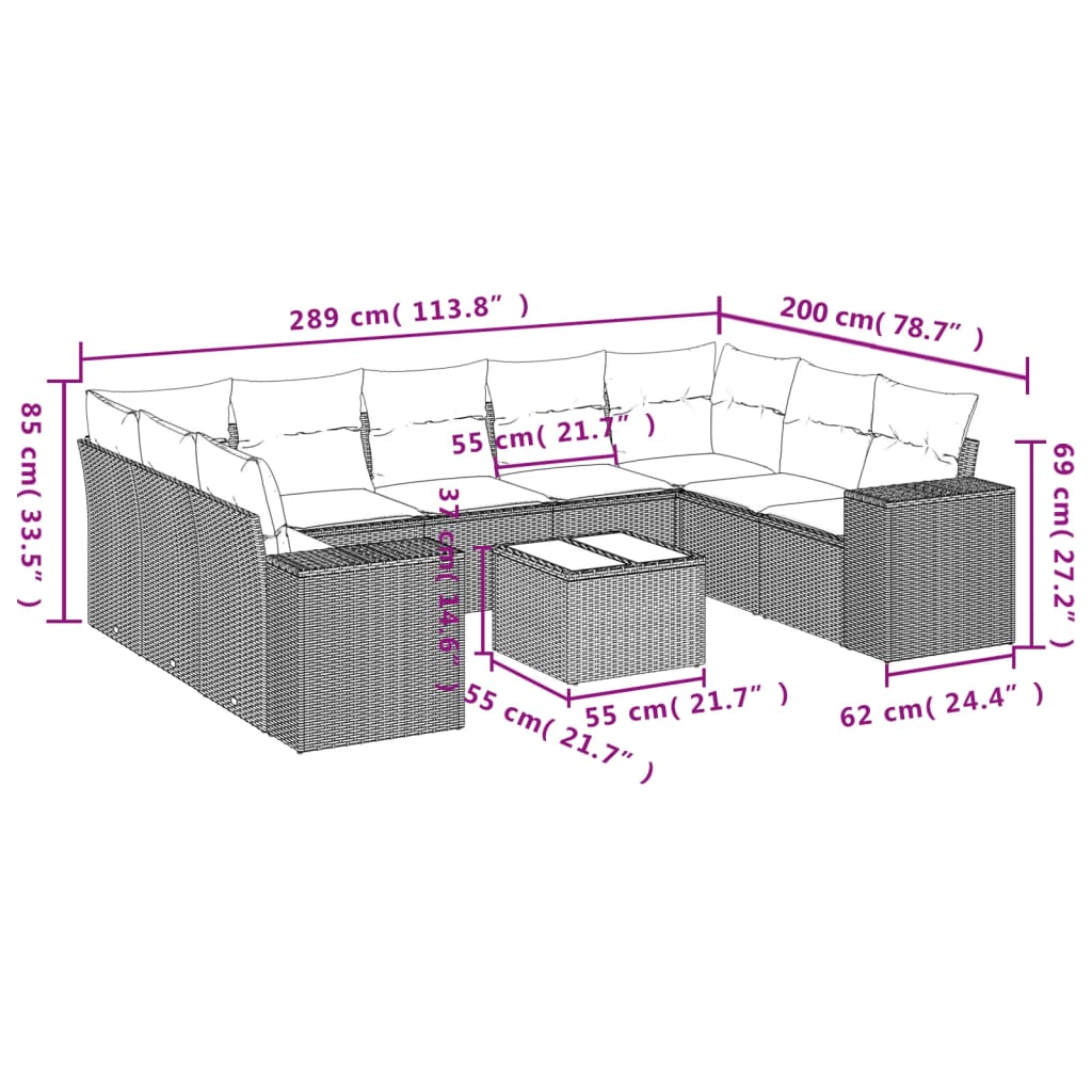 10-teiliges Gartensofa-Set mit Kissen, schwarzes Polyrattan