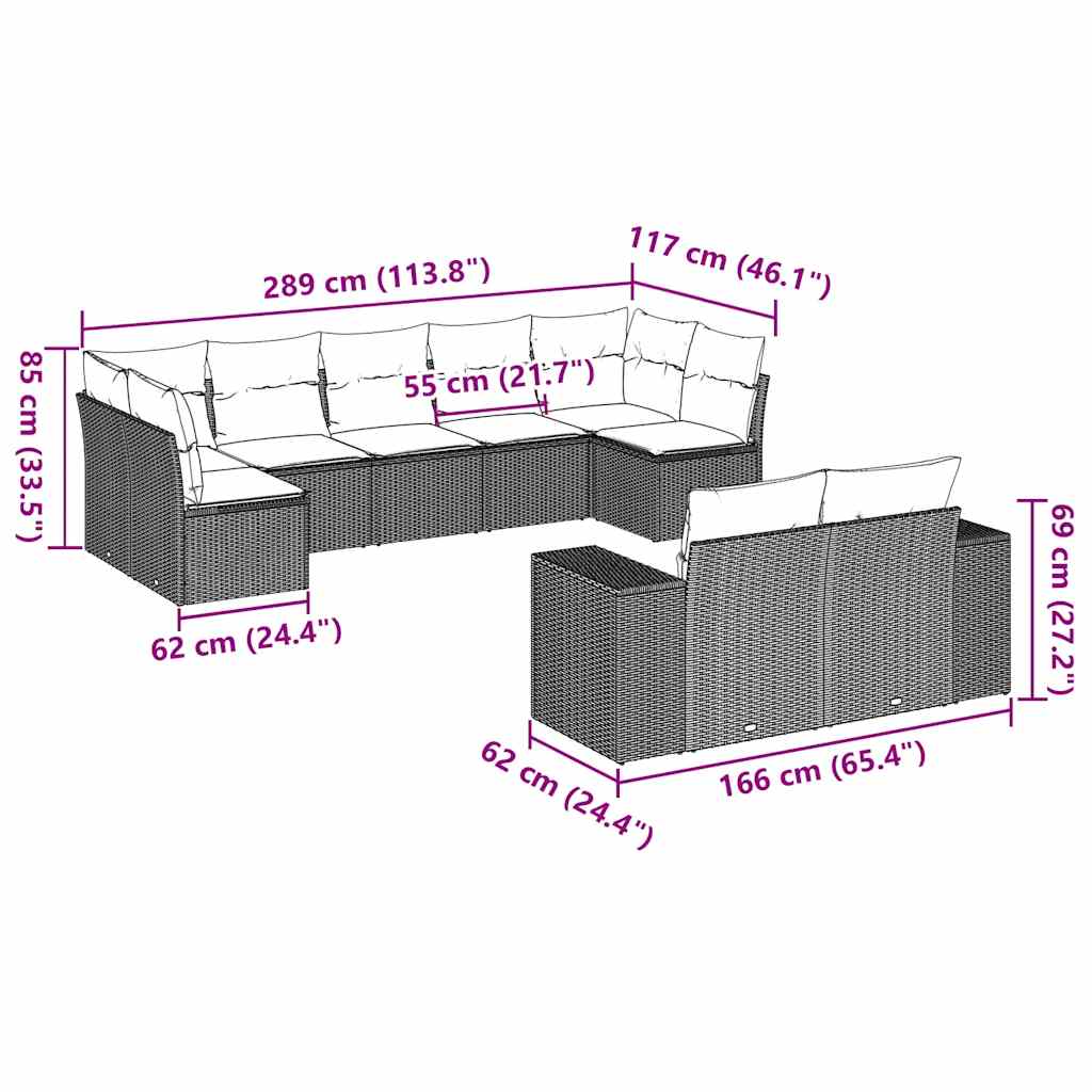 9-tlg. Garten-Sofagarnitur mit Kissen Hellgrau Poly Rattan