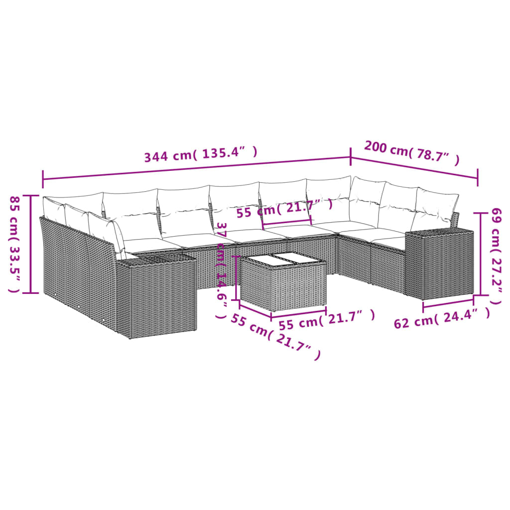 11-teiliges Gartensofa-Set mit Kissen, grau, Polyrattan