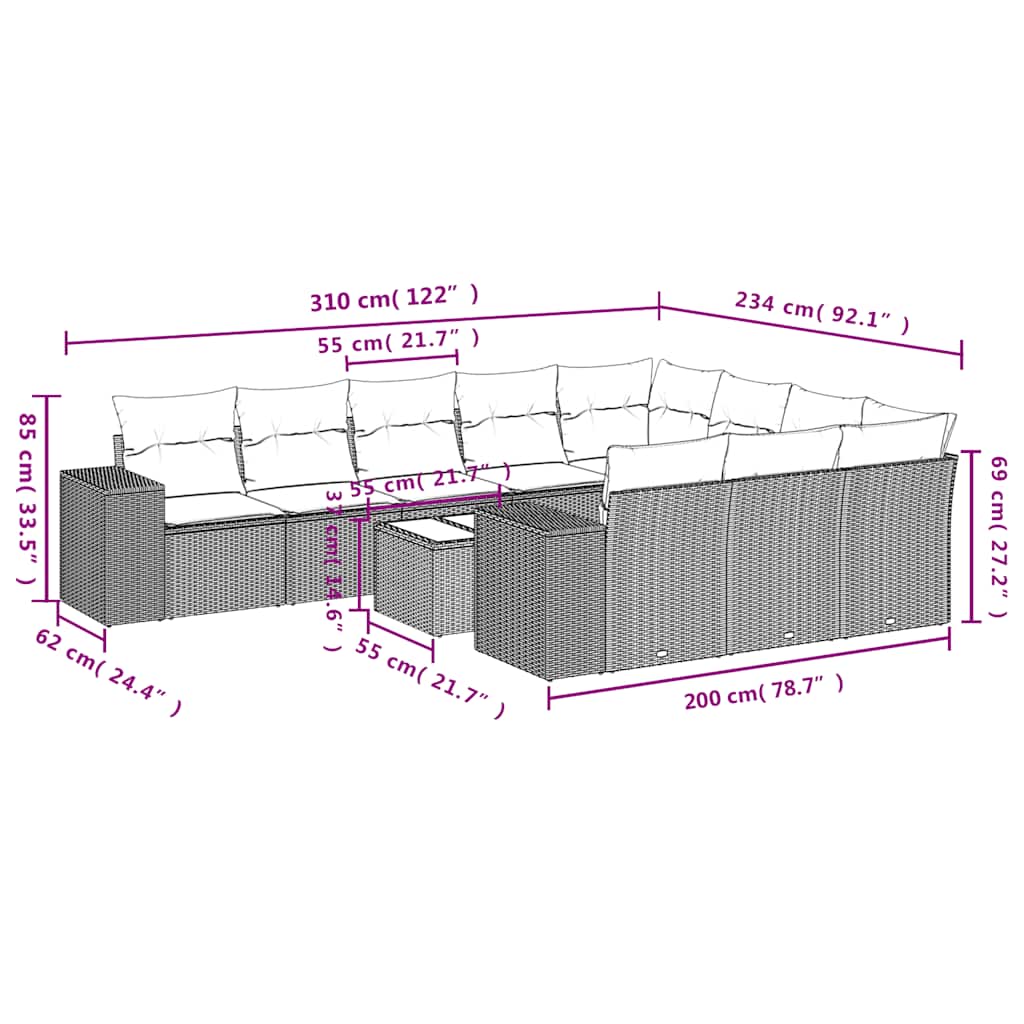 11-teiliges Gartensofa-Set mit Kissen, schwarzes Polyrattan