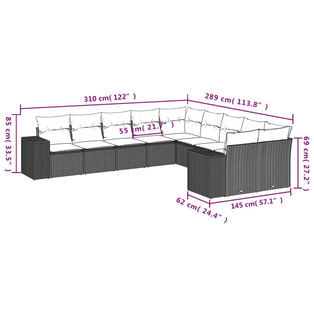 10-teiliges Gartensofa-Set mit Kissen, braun, Polyrattan