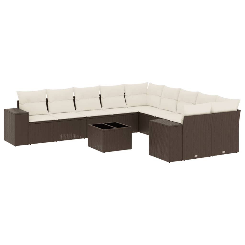 11-tlg. Garten-Sofagarnitur mit Kissen Braun Poly Rattan