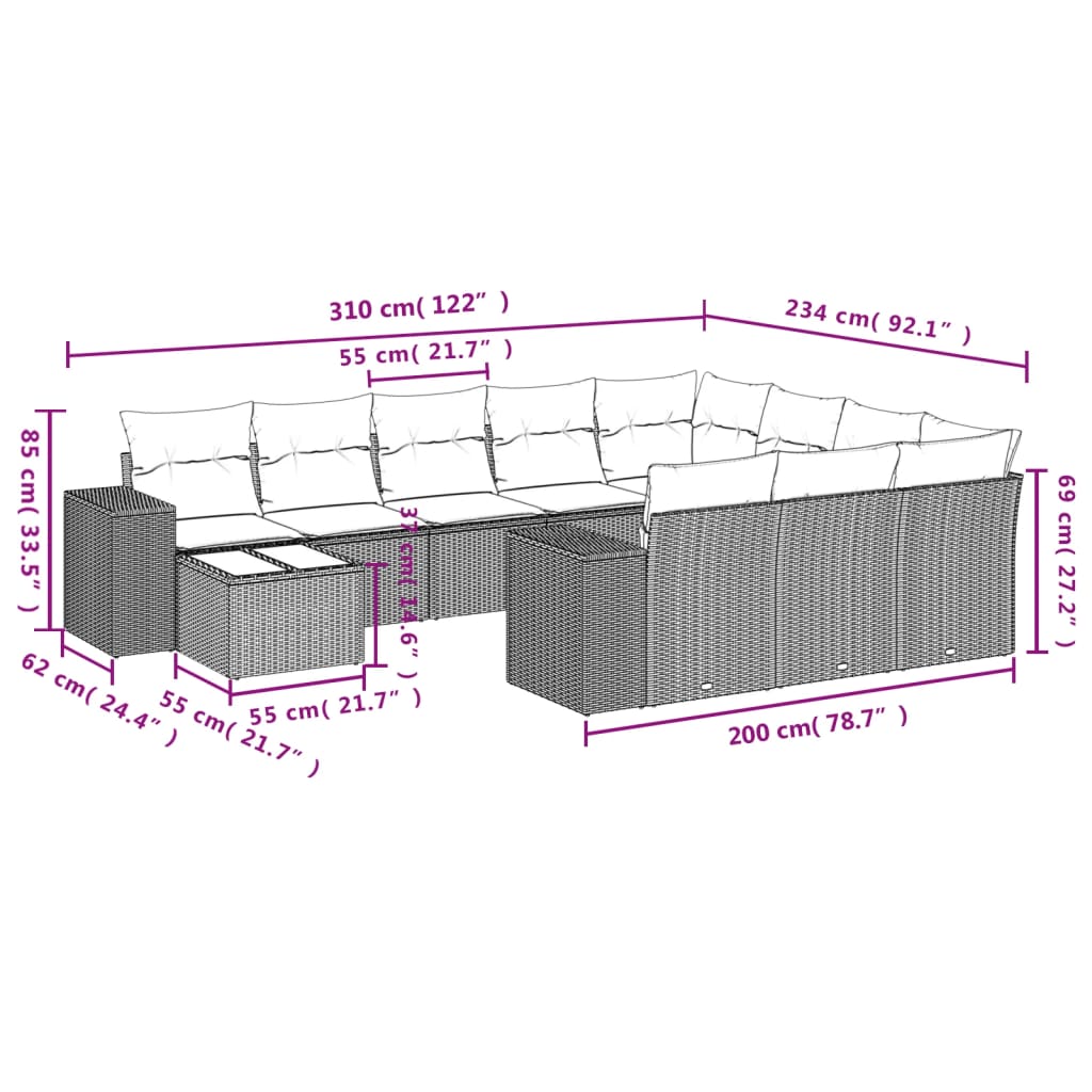11-tlg. Garten-Sofagarnitur mit Kissen Braun Poly Rattan