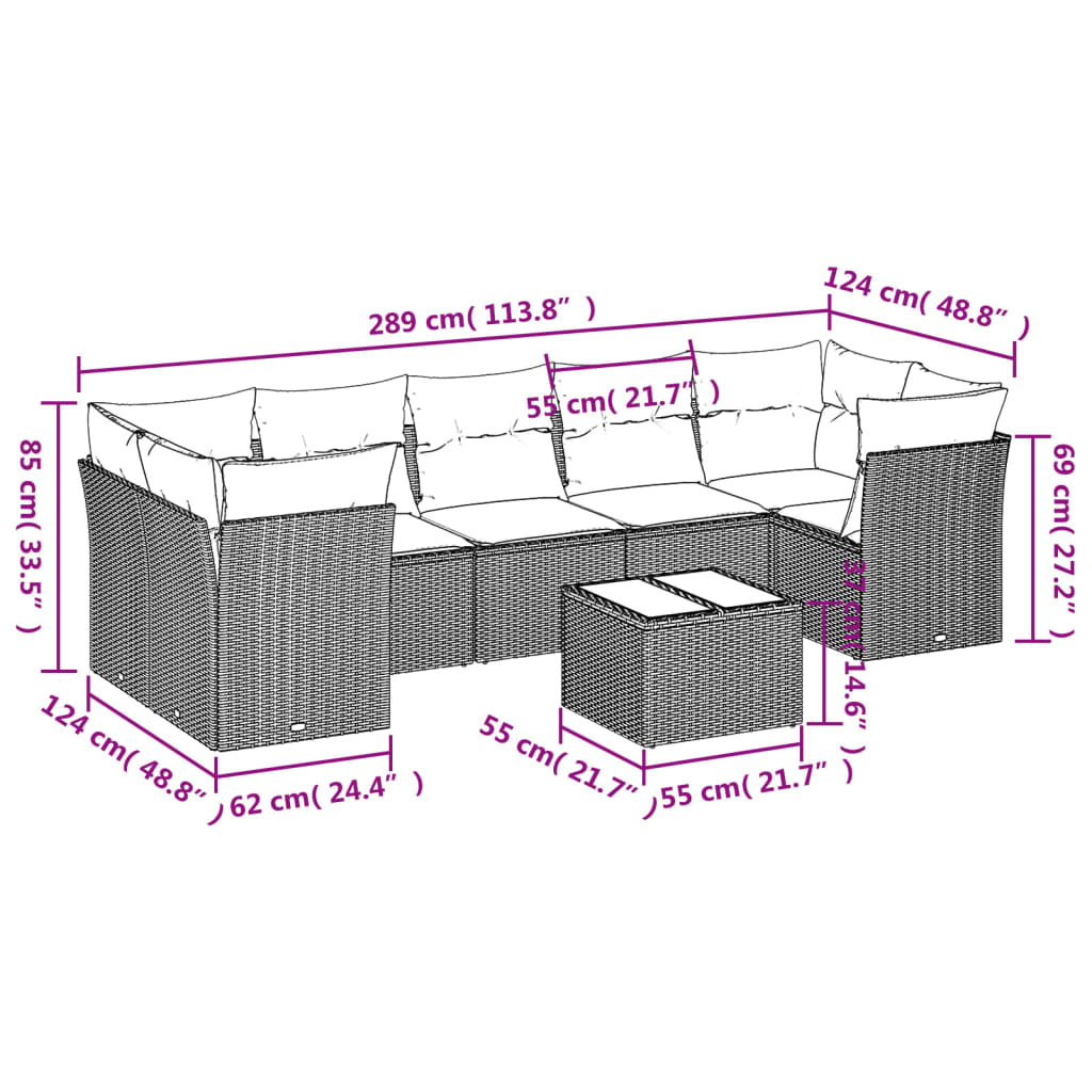 8-tlg. Garten-Sofagarnitur mit Kissen Braun Poly Rattan