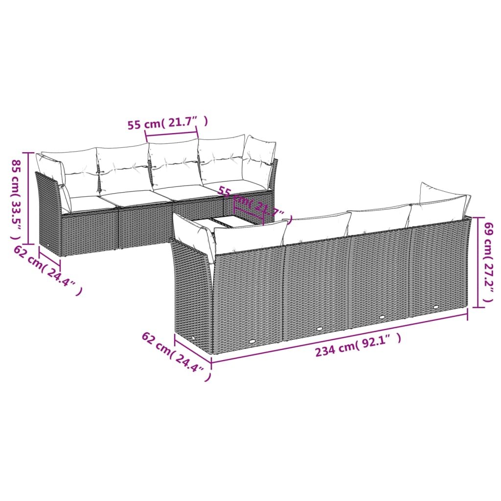 9-tlg. Garten-Sofagarnitur mit Kissen Braun Poly Rattan