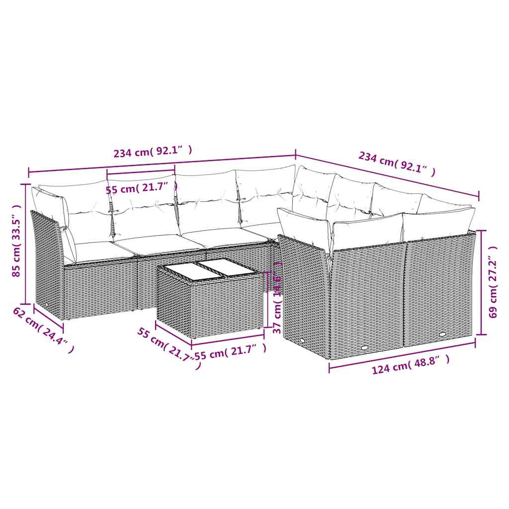 9-tlg. Garten-Sofagarnitur mit Kissen Braun Poly Rattan