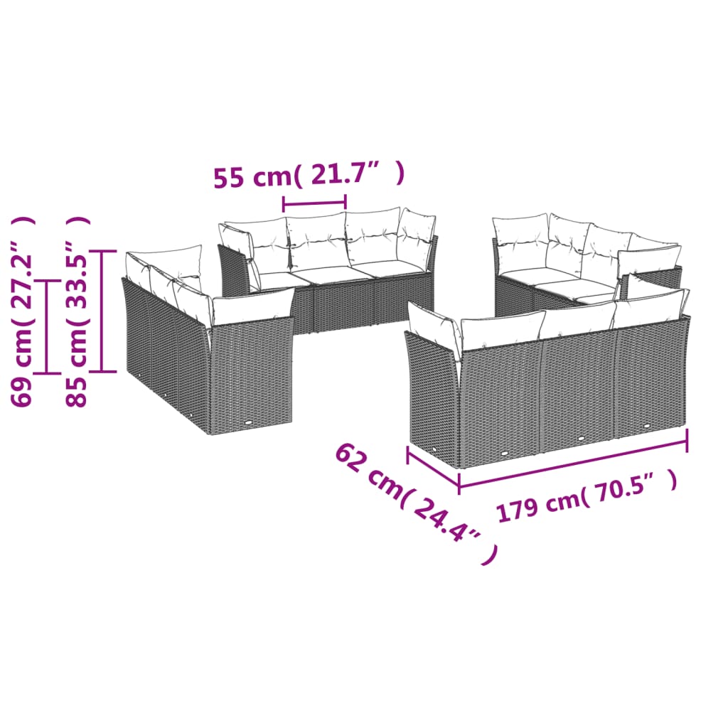 12-tlg. Garten-Sofagarnitur mit Kissen Schwarz Poly Rattan