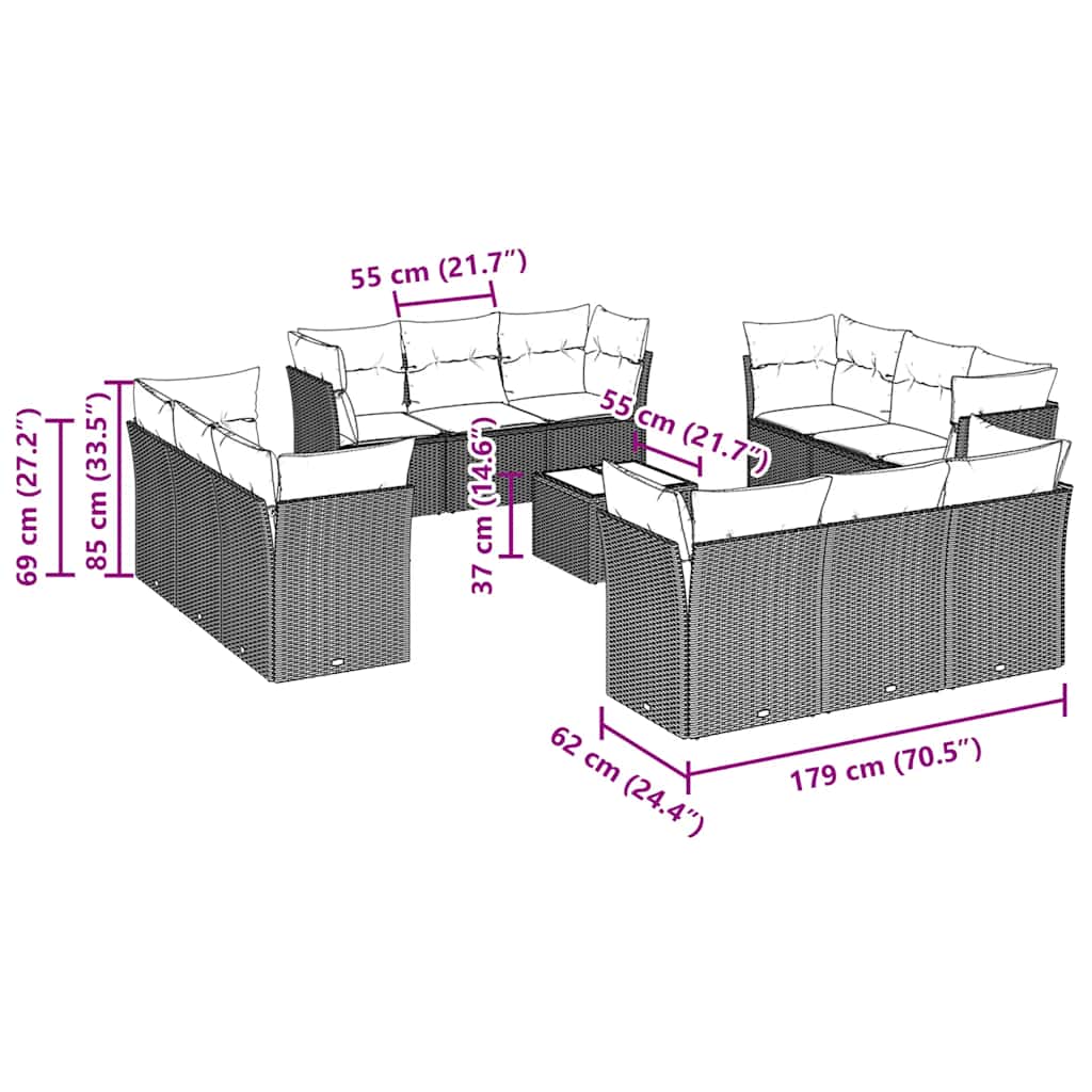 13-tlg. Garten-Sofagarnitur mit Kissen Hellgrau Poly Rattan