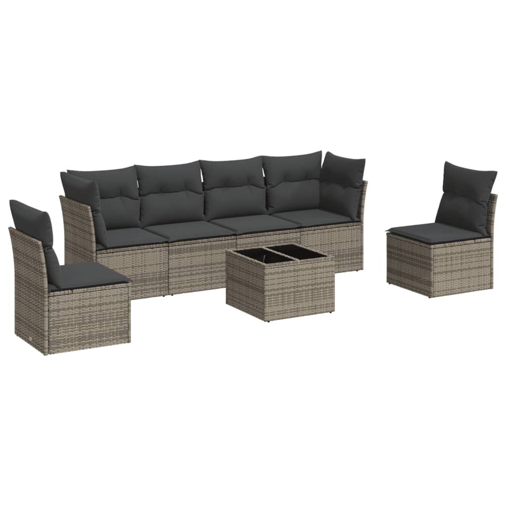 7-tlg. Garten-Sofagarnitur mit Kissen Grau Poly Rattan