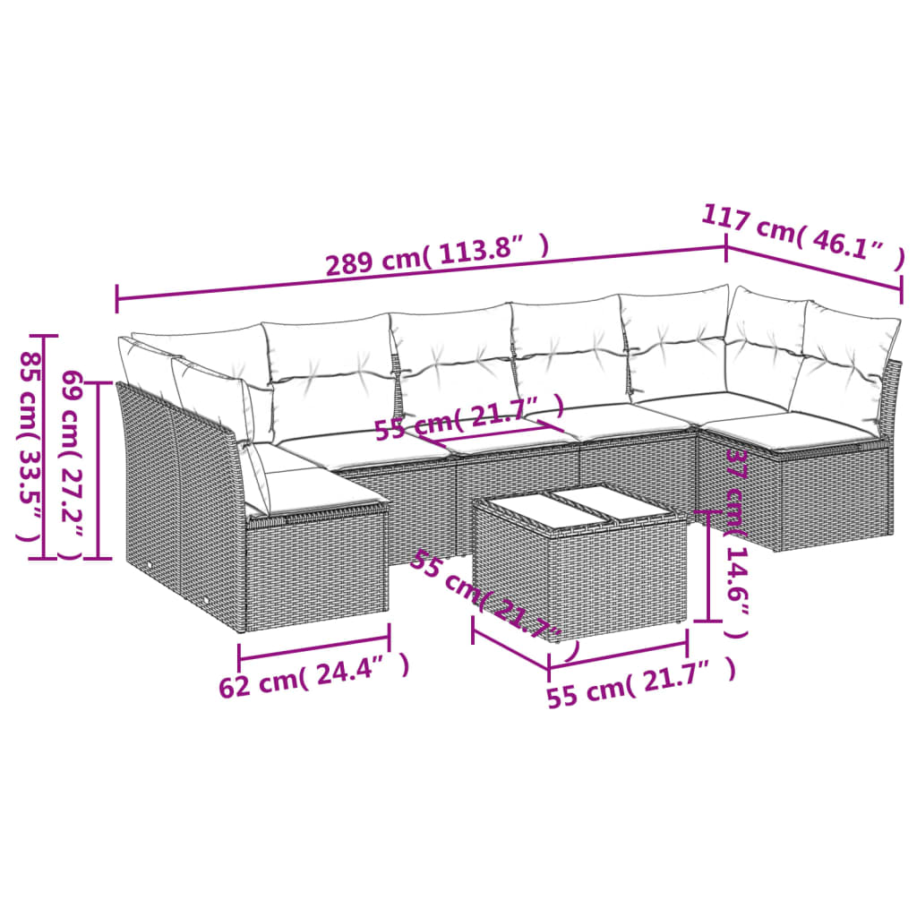 8-tlg. Garten-Sofagarnitur mit Kissen Braun Poly Rattan