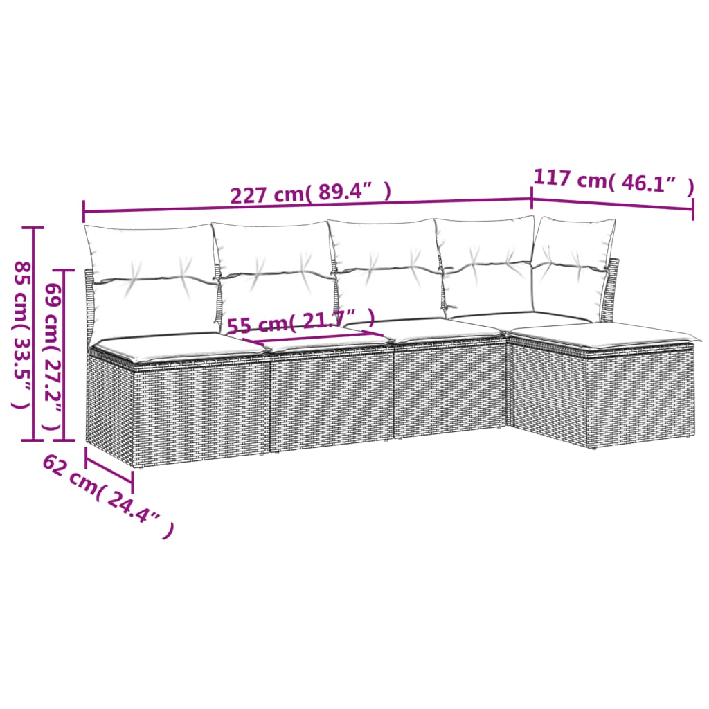 5-tlg. Garten-Sofagarnitur mit Kissen Braun Poly Rattan