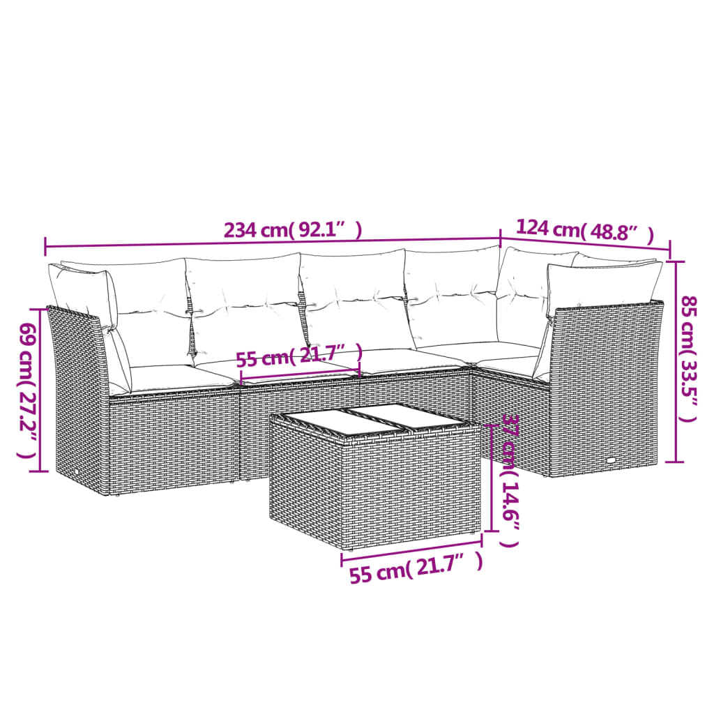 6-tlg. Garten-Sofagarnitur mit Kissen Grau Poly Rattan