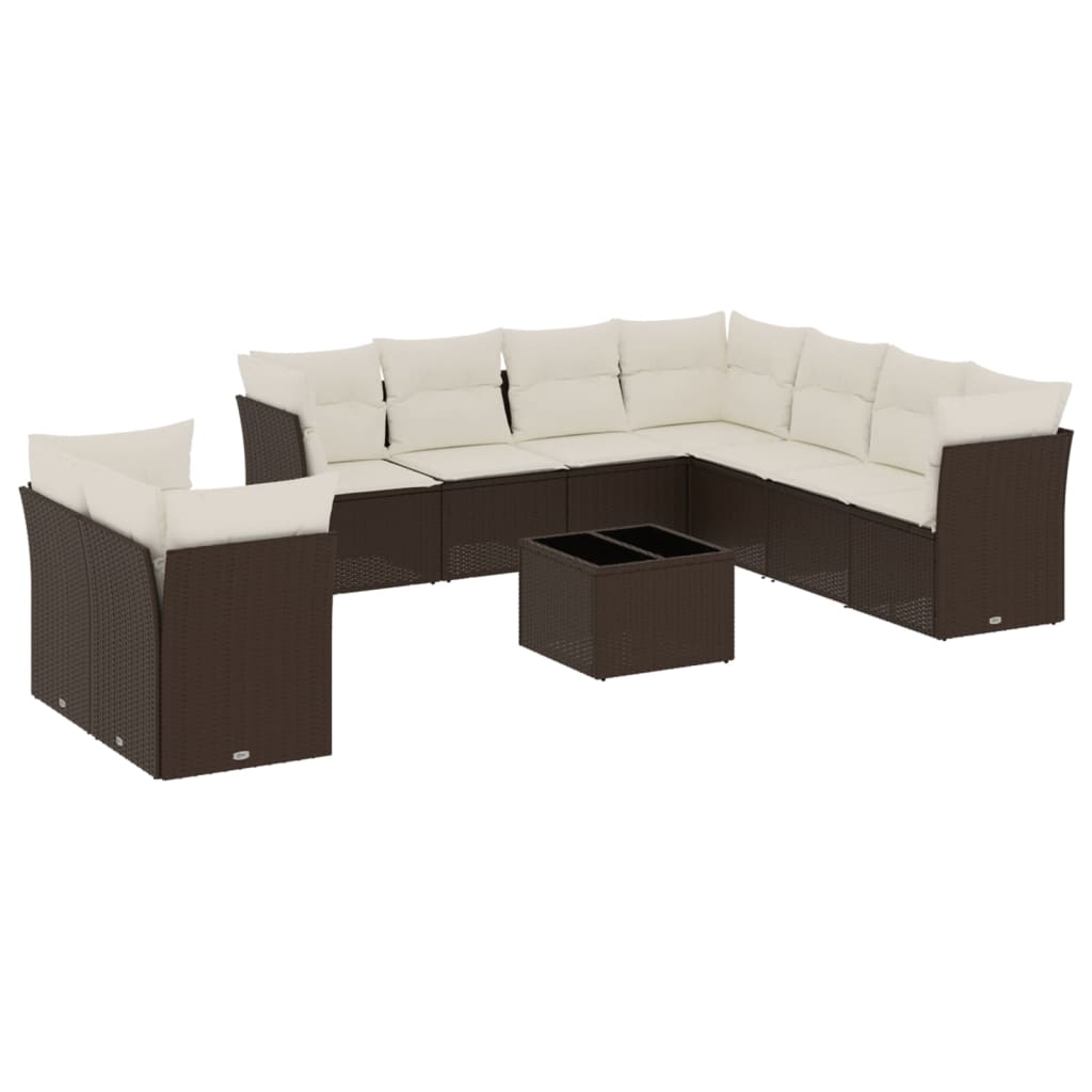 10-tlg. Garten-Sofagarnitur mit Kissen Braun Poly Rattan