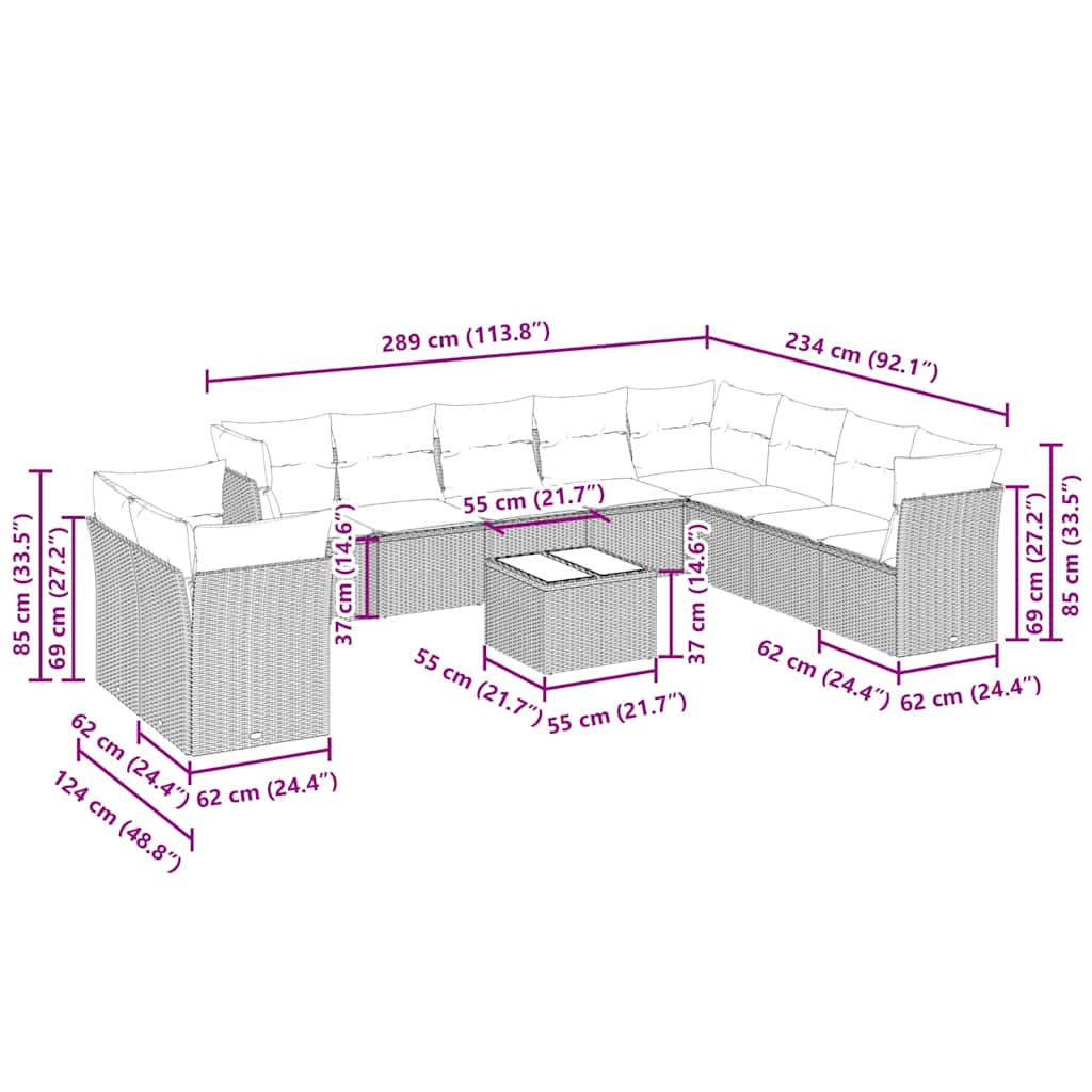11-tlg. Garten-Sofagarnitur mit Kissen Hellgrau Poly Rattan