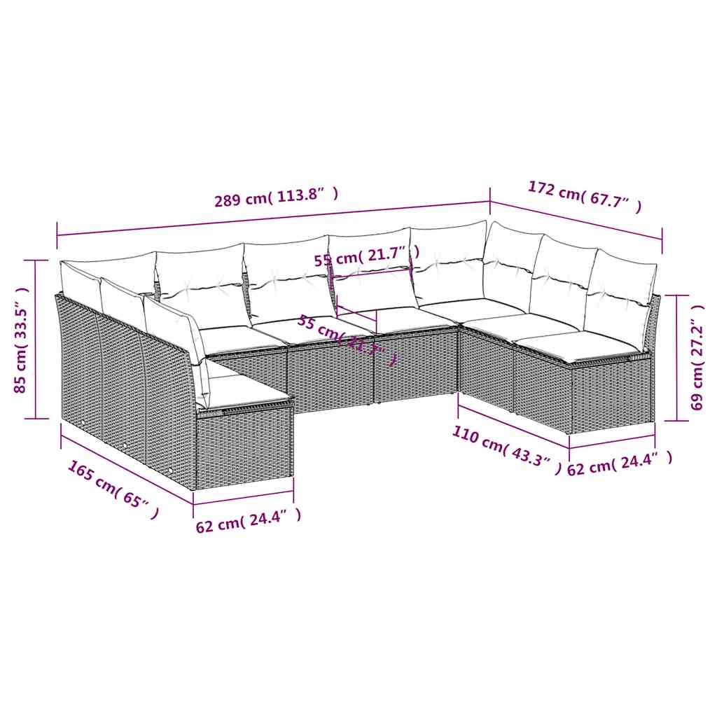 9-tlg. Garten-Sofagarnitur mit Kissen Schwarz Poly Rattan