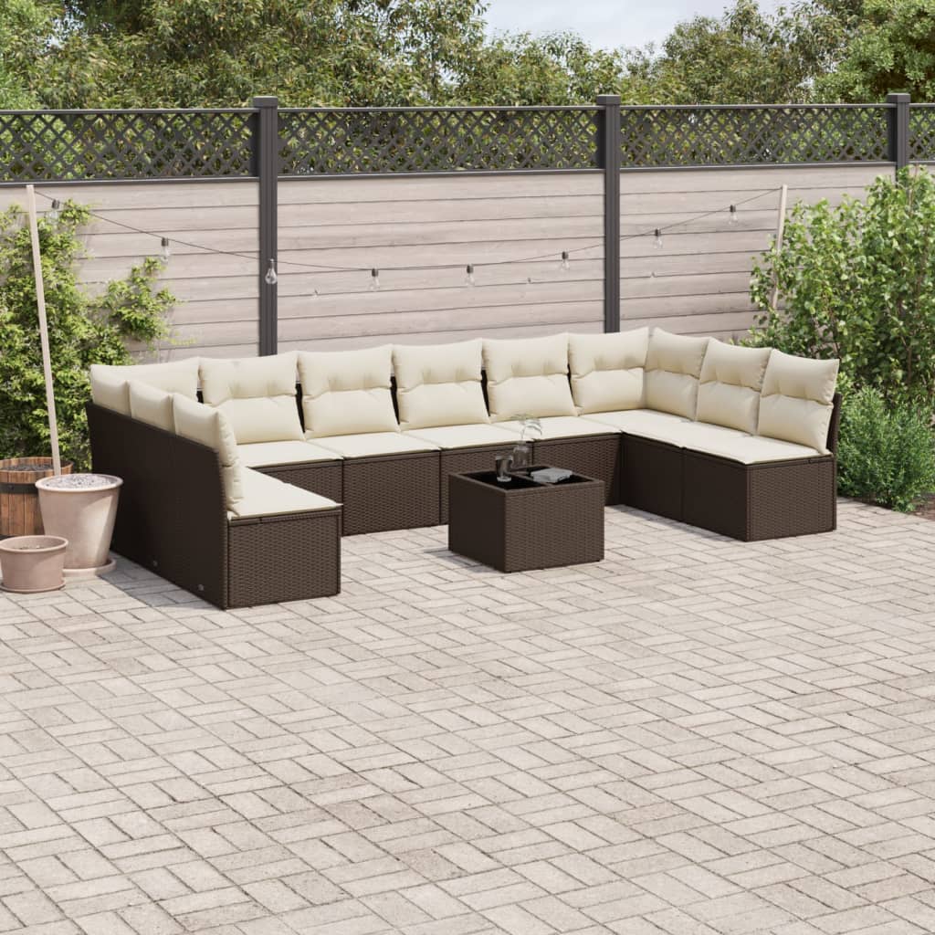 11-tlg. Garten-Sofagarnitur mit Kissen Braun Poly Rattan