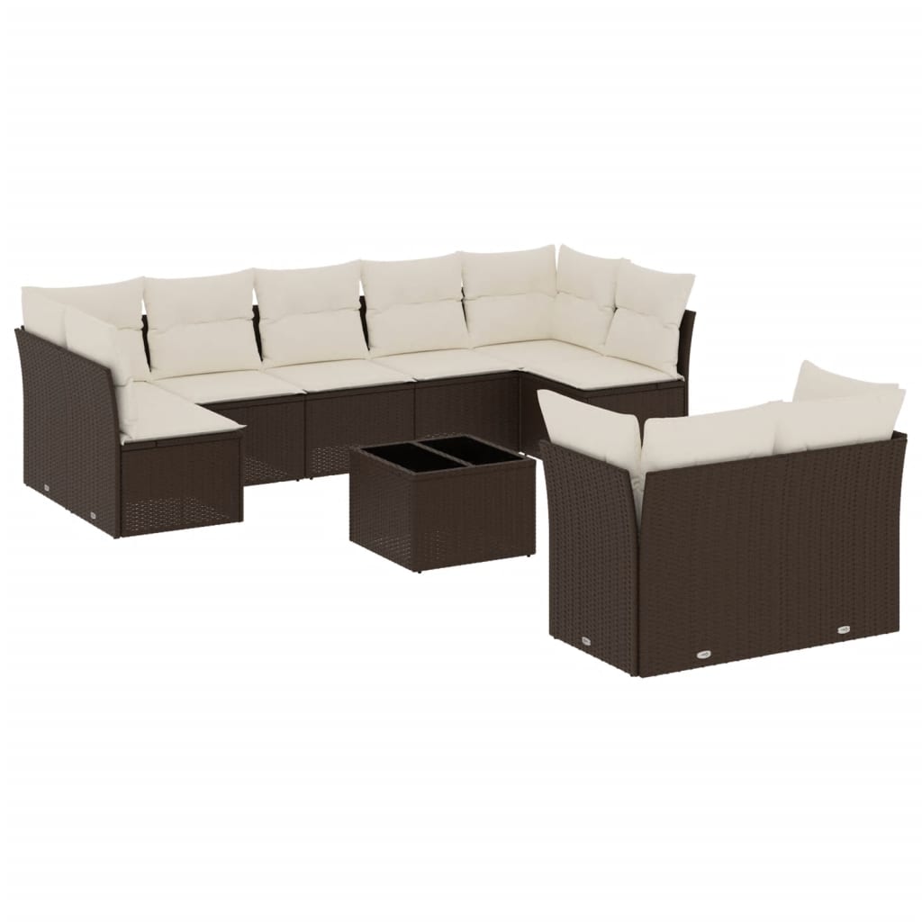 10-tlg. Garten-Sofagarnitur mit Kissen Braun Poly Rattan