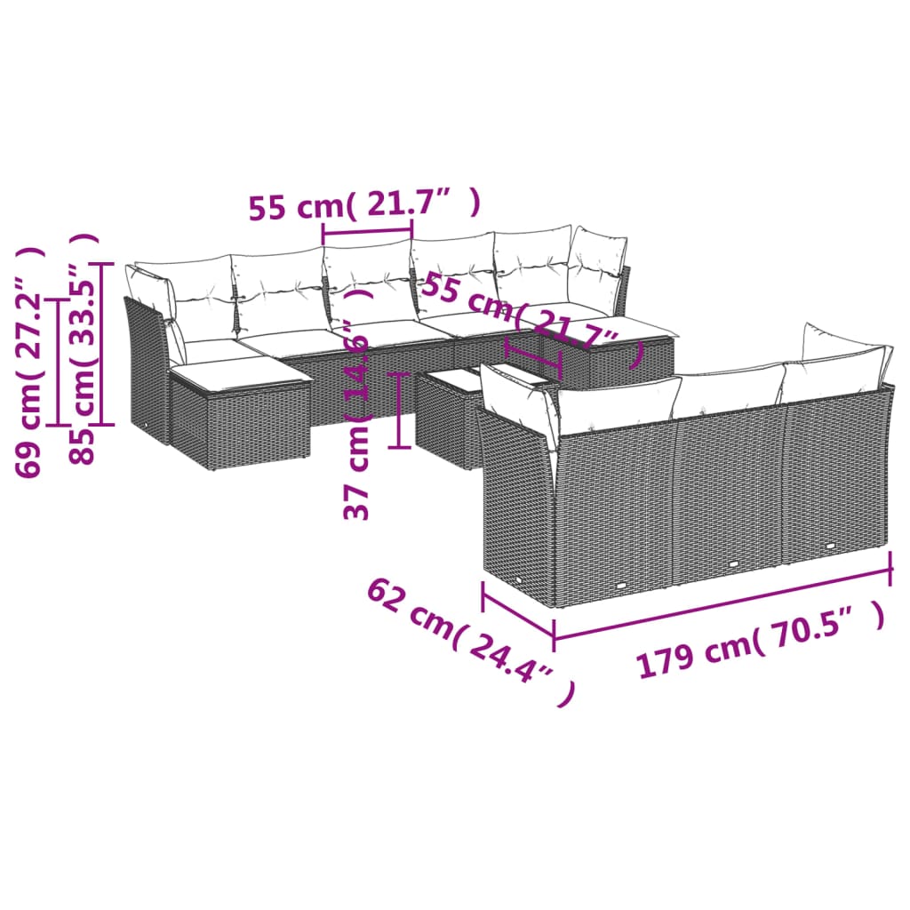 11-teiliges Gartensofa-Set mit Kissen, schwarzes Polyrattan