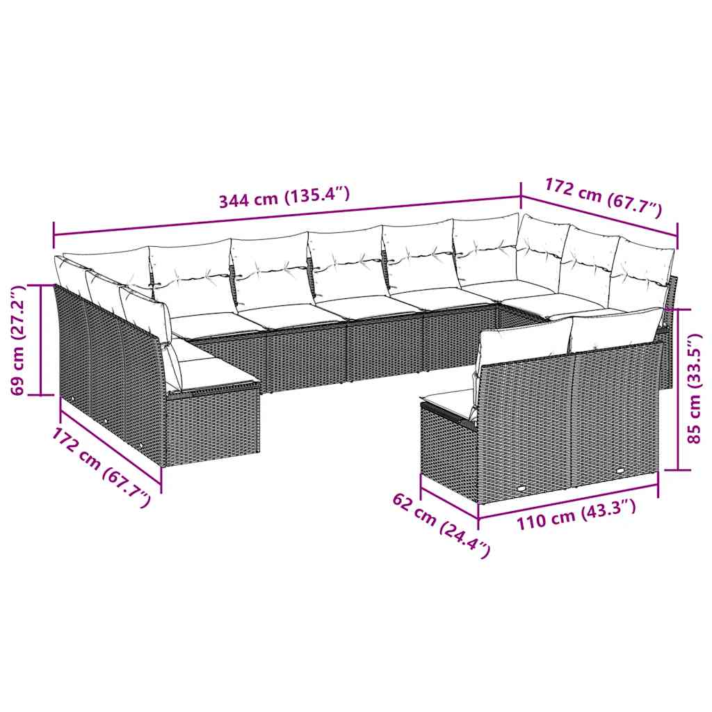 12-tlg. Garten-Sofagarnitur mit Kissen Braun Poly Rattan