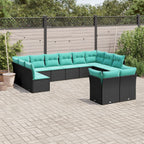 12-teiliges Gartensofa-Set mit Kissen, schwarzes Polyrattan