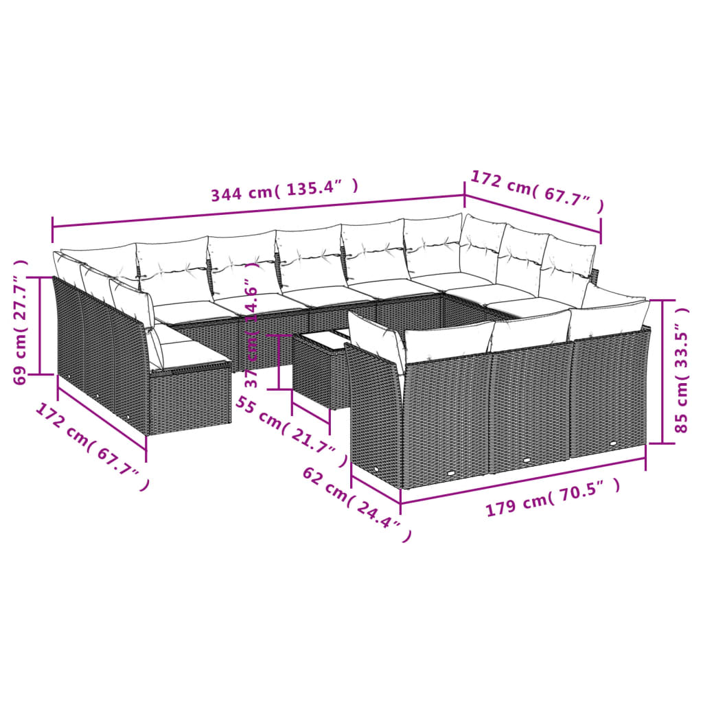 14-tlg. Garten-Sofagarnitur mit Kissen Braun Poly Rattan