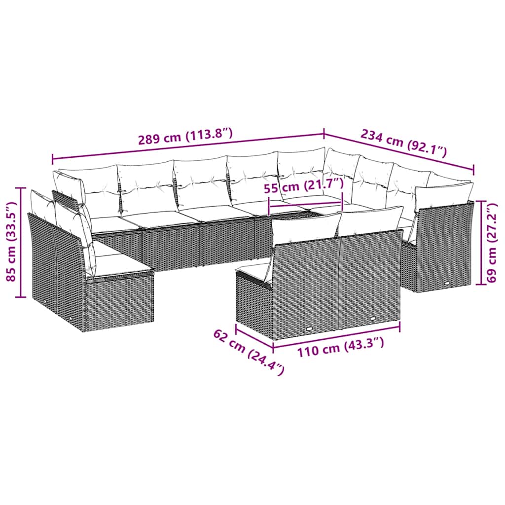 12-tlg. Garten-Sofagarnitur mit Kissen Hellgrau Poly Rattan
