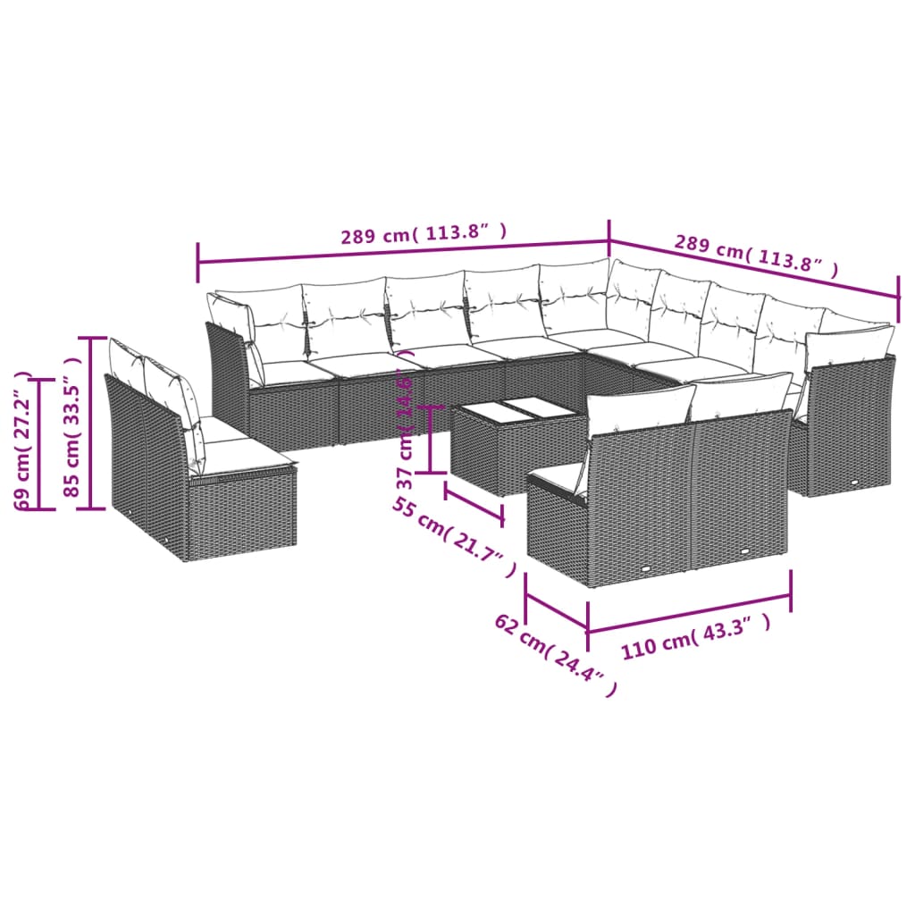 14-teiliges Gartensofa-Set mit Kissen, schwarzes Polyrattan