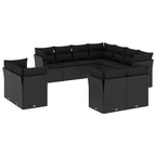 11-tlg. Garten-Sofagarnitur mit Kissen Schwarz Poly Rattan