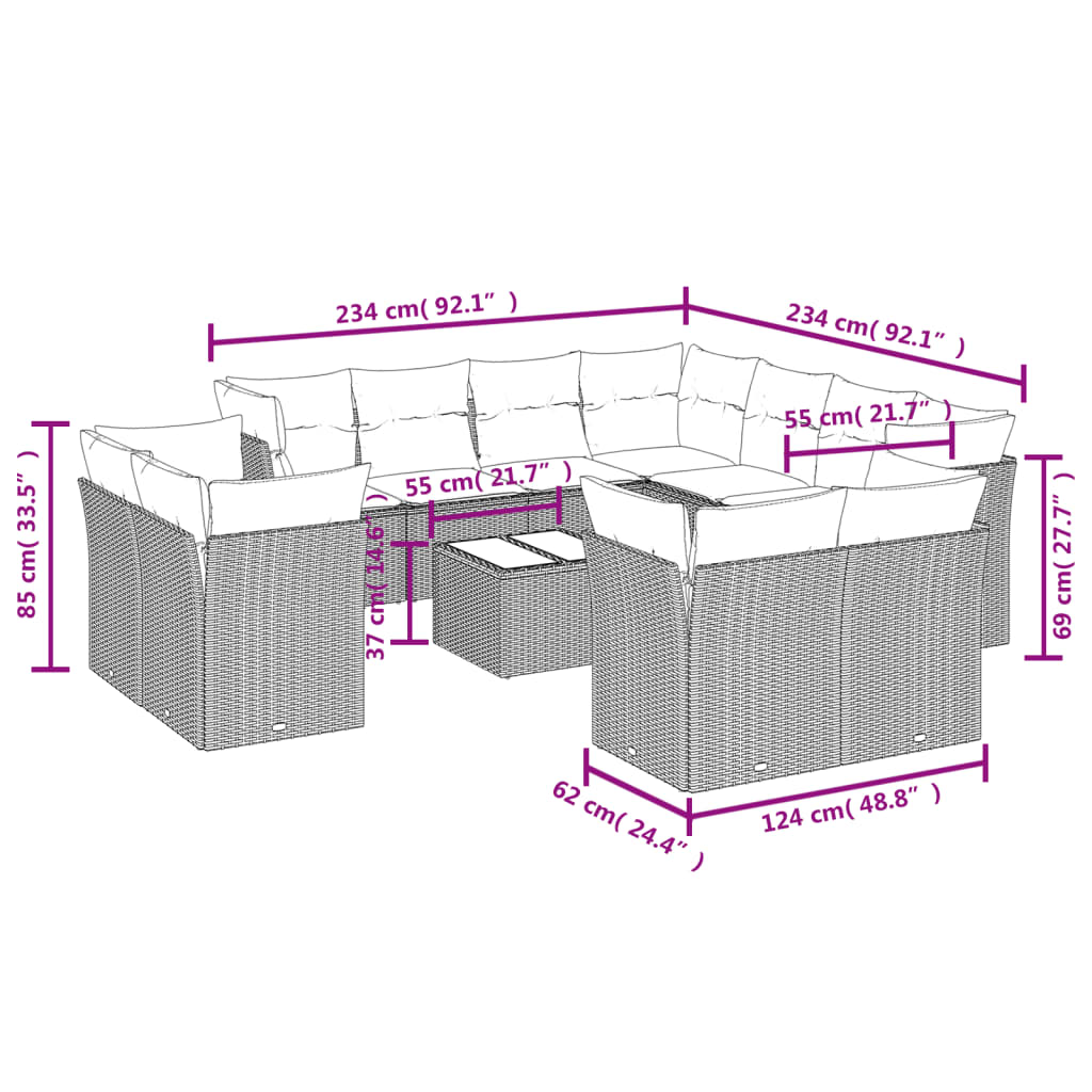 12-tlg. Garten-Sofagarnitur mit Kissen Braun Poly Rattan
