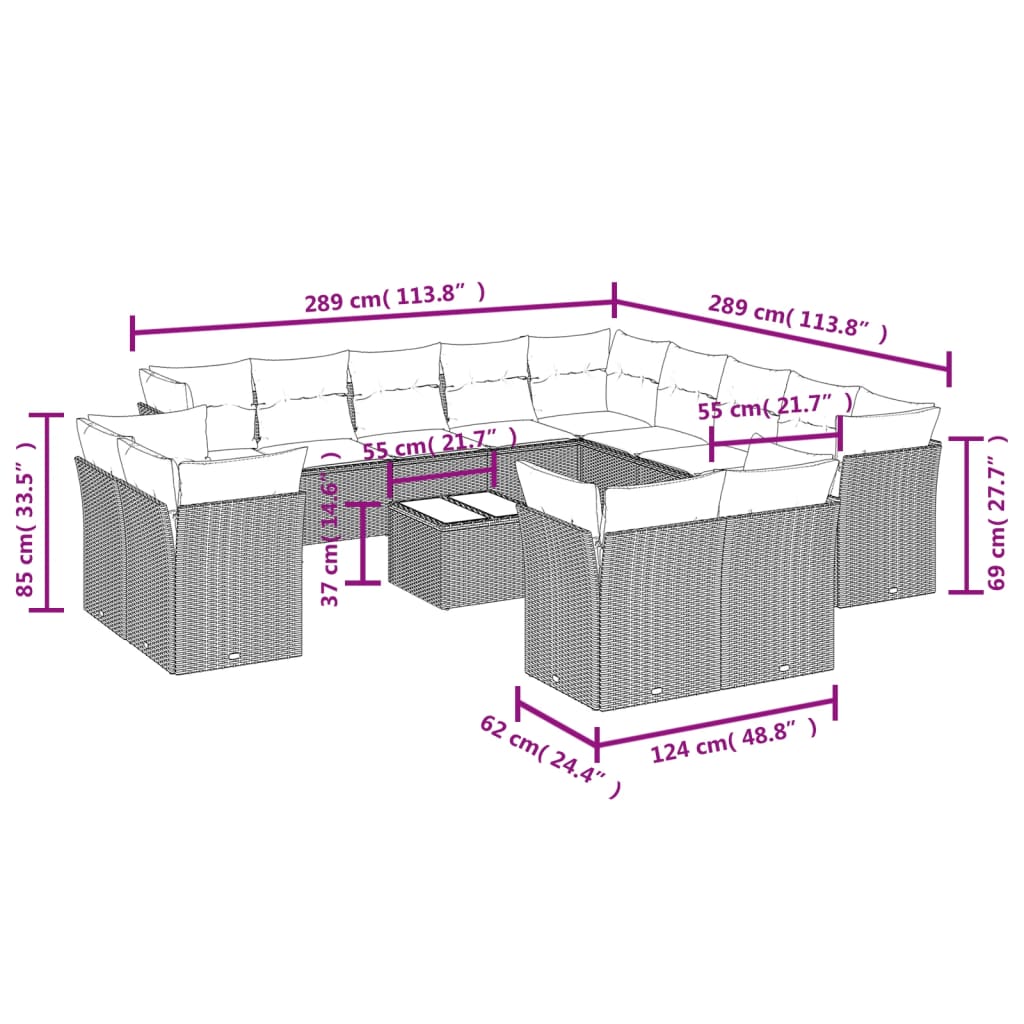 14-tlg. Garten-Sofagarnitur mit Kissen Braun Poly Rattan