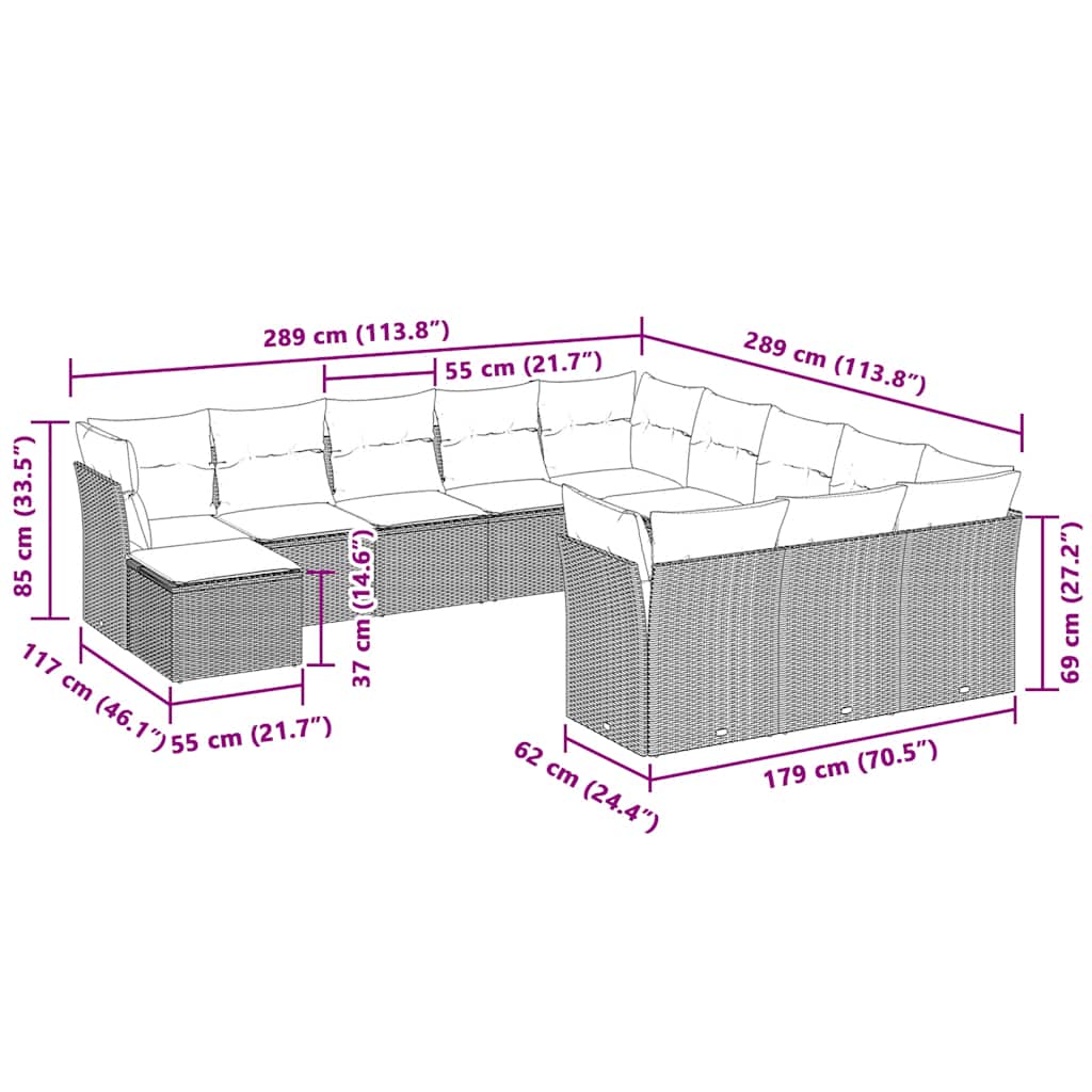 12-tlg. Garten-Sofagarnitur mit Kissen Hellgrau Poly Rattan