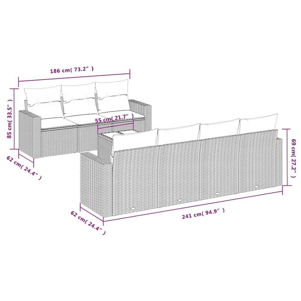 8-tlg. Garten-Sofagarnitur mit Kissen Schwarz Poly Rattan