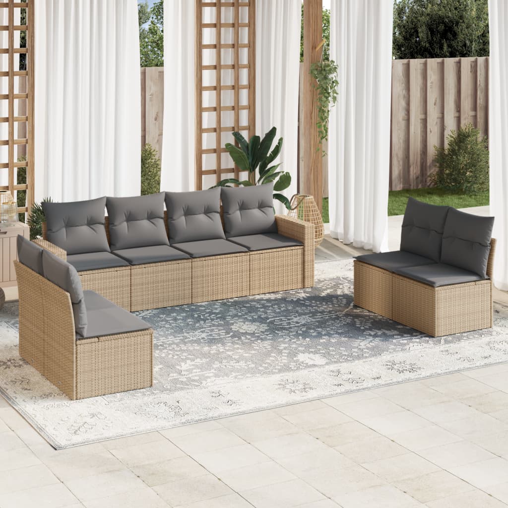 9-tlg. Garten-Sofagarnitur mit Kissen Beige Poly Rattan