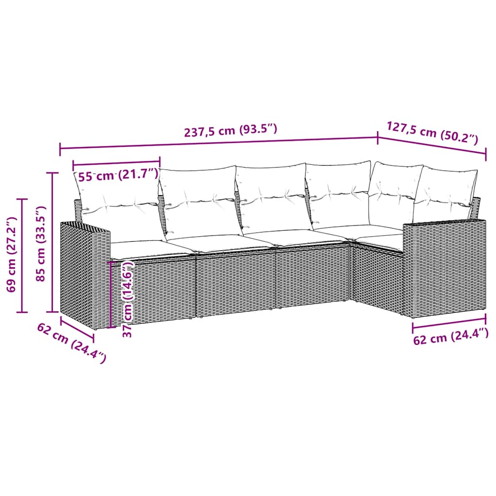 5-tlg. Garten-Sofagarnitur mit Kissen Braun Poly Rattan
