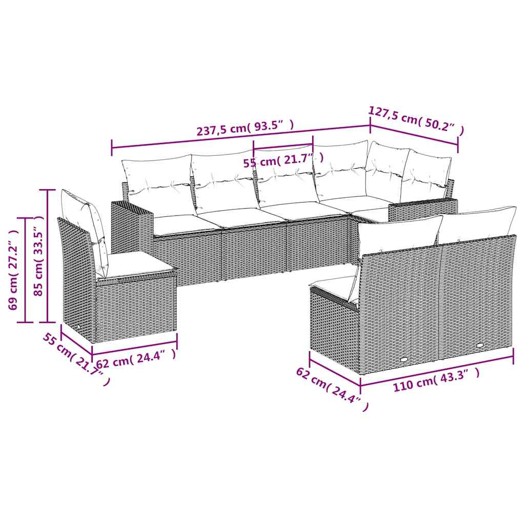 8-tlg. Garten-Sofagarnitur mit Kissen Schwarz Poly Rattan