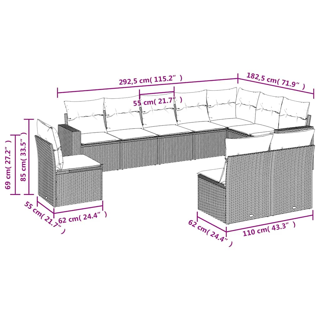 10-tlg. Garten-Sofagarnitur mit Kissen Schwarz Poly Rattan