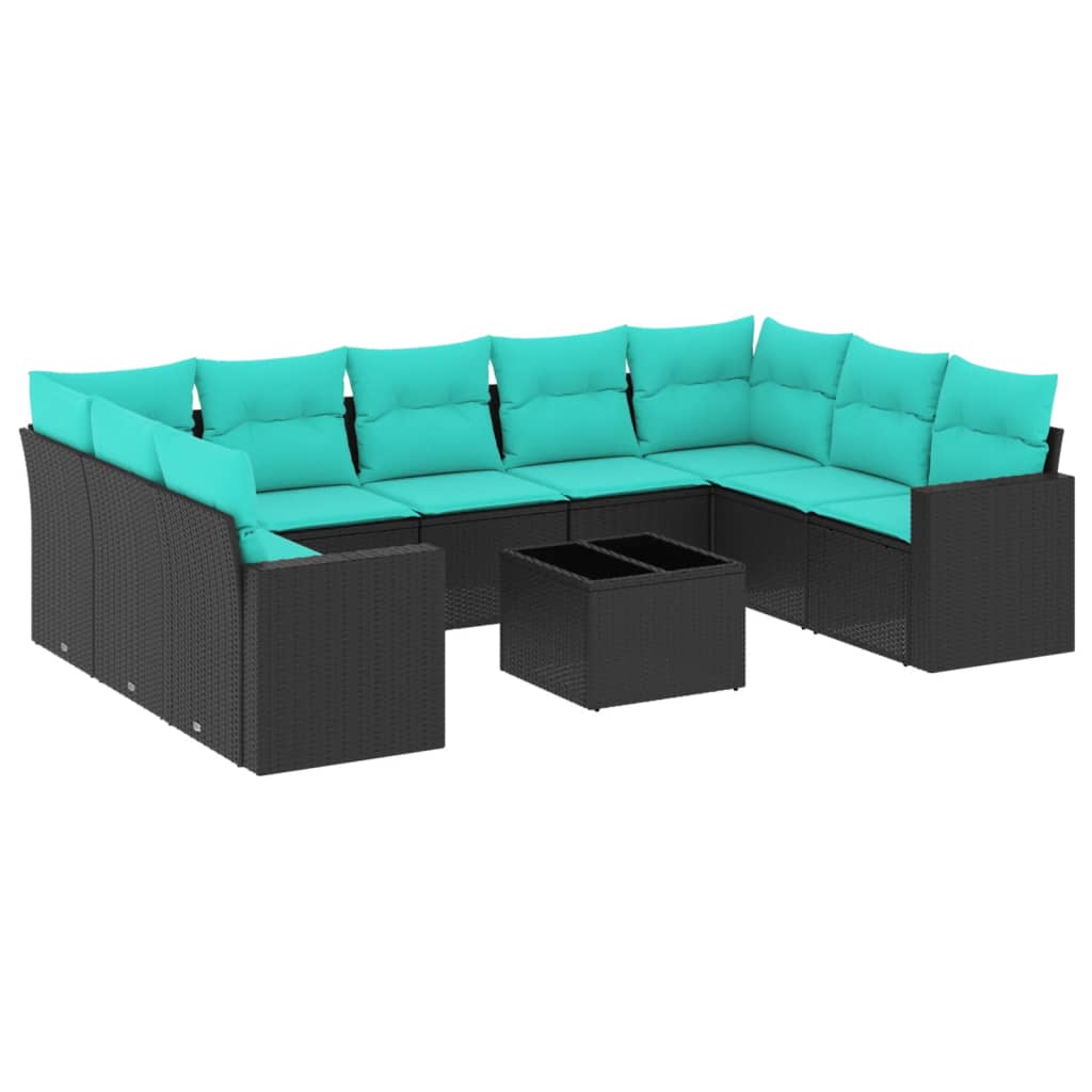 10-tlg. Garten-Sofagarnitur mit Kissen Schwarz Poly Rattan
